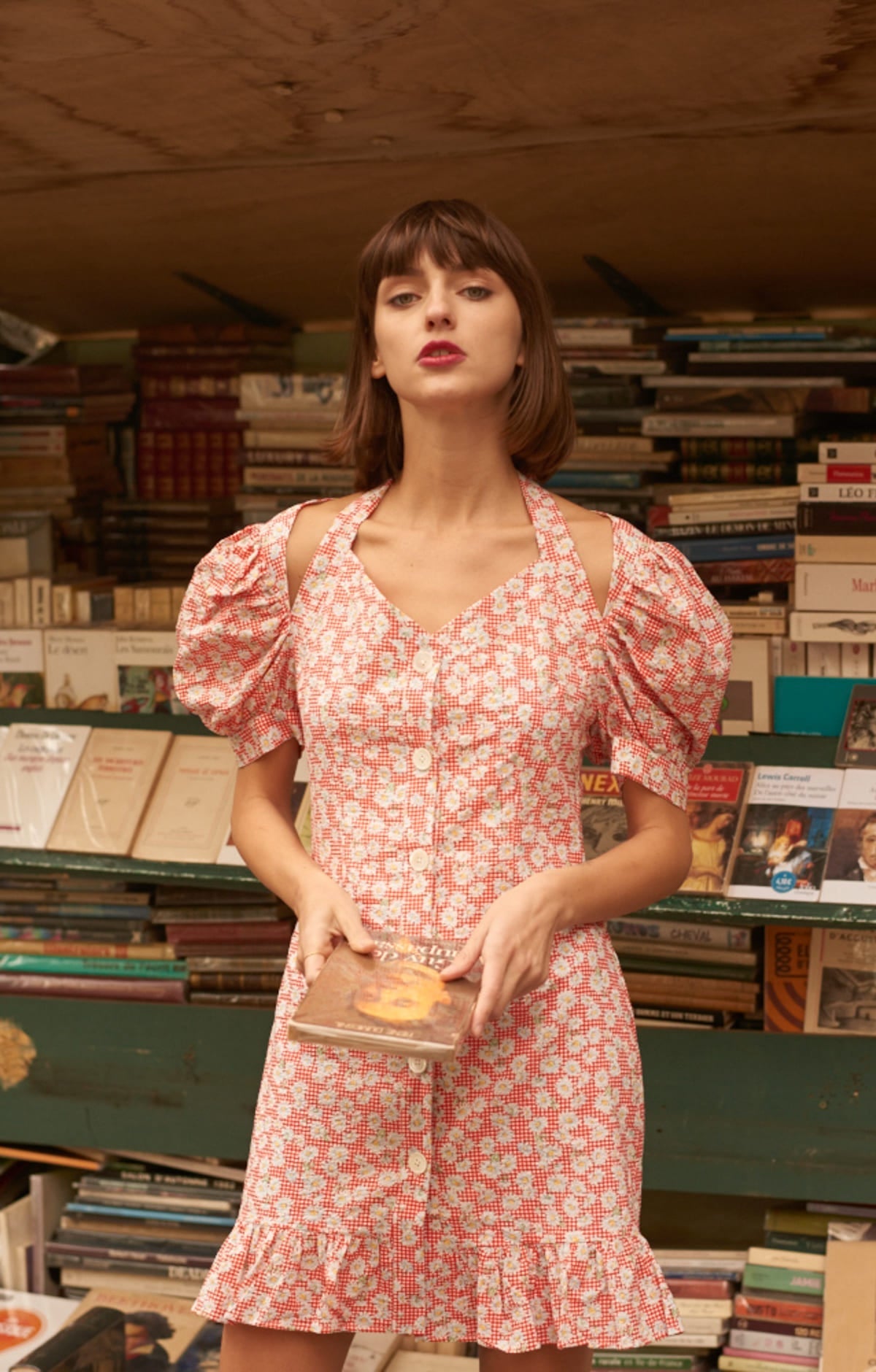 Red and White Checkered Dress with Small Daisy Pattern, Textured Material and Puffed Sleeves - By Quaint Red and White Checkered Dress with Small Daisy Pattern, Textured Material and Puffed Sleeves - By Quaint