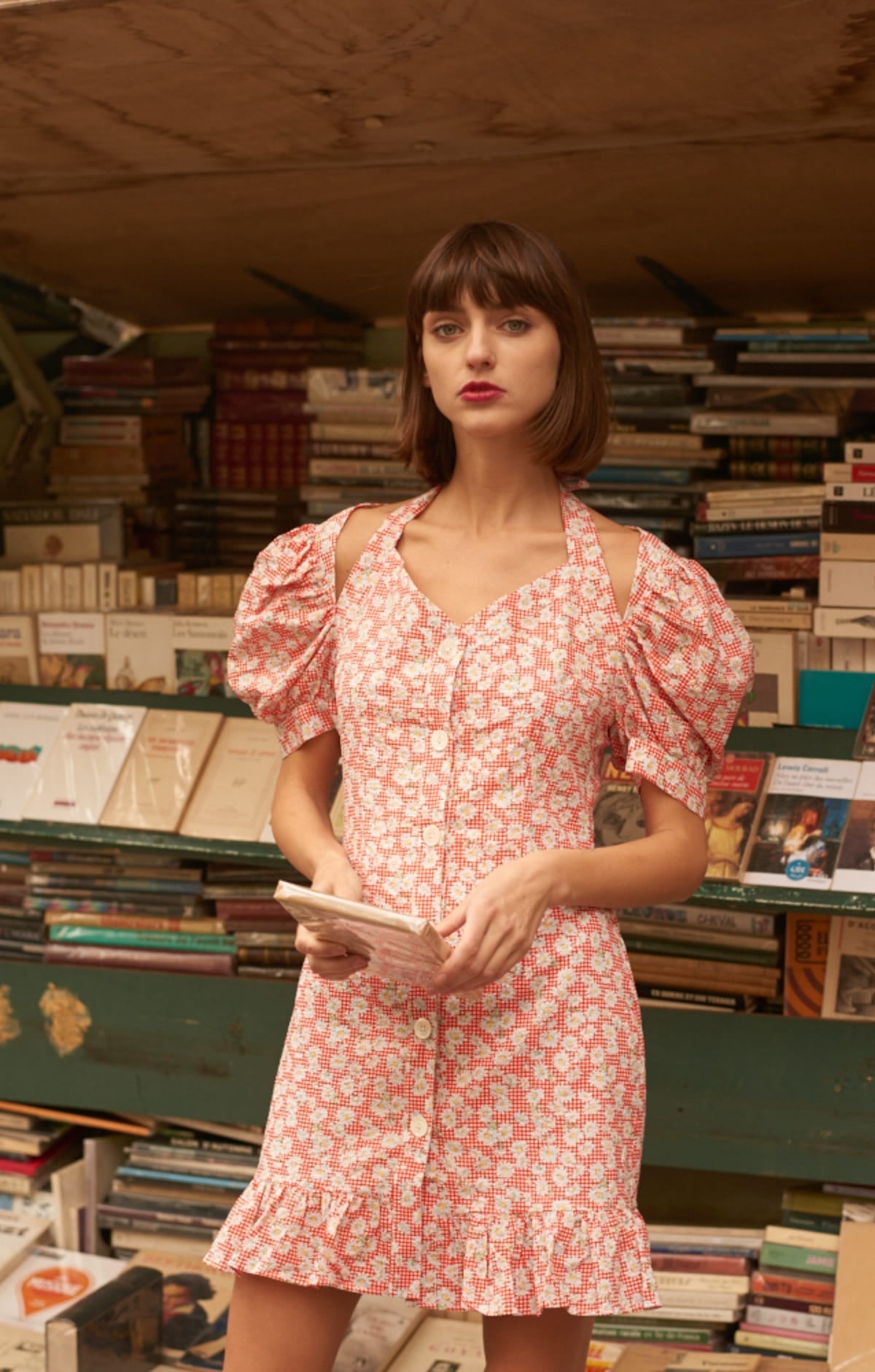 Red and White Checkered Dress with Small Daisy Pattern, Textured Material and Puffed Sleeves - By Quaint Red and White Checkered Dress with Small Daisy Pattern, Textured Material and Puffed Sleeves - By Quaint