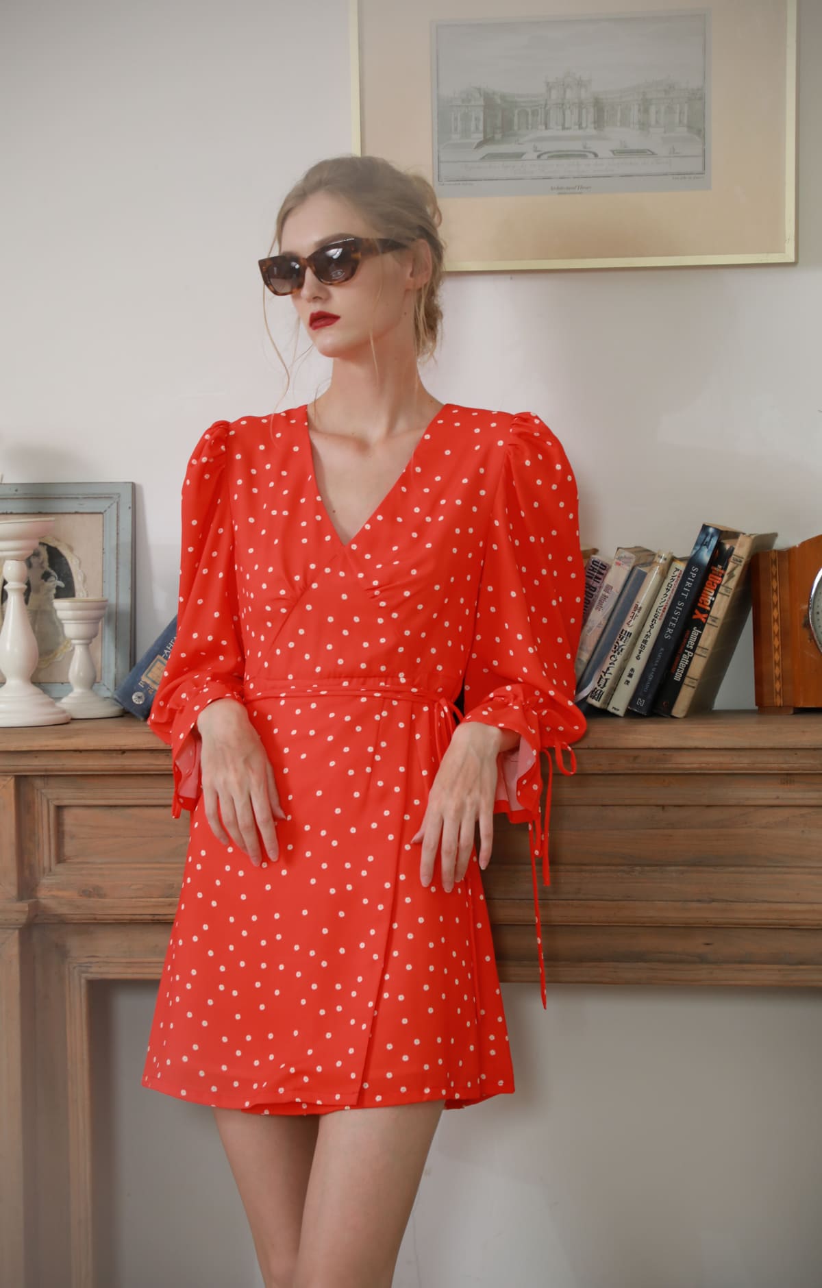 Red Daisy Print V-neck Long Sleeve Dress - By Quaint Red Daisy Print V-neck Long Sleeve Dress - By Quaint