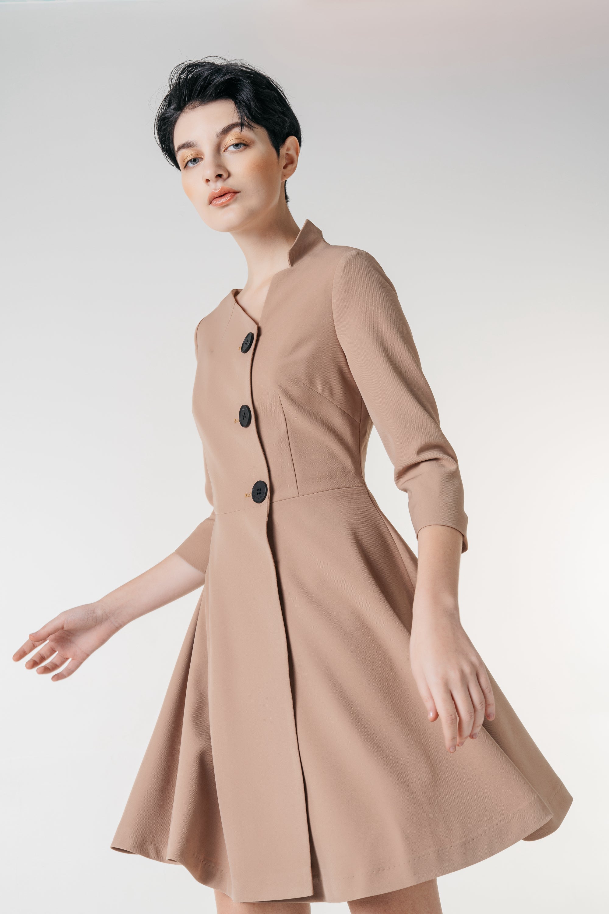 Asymmetrical Suit Collar Short Sleeve Dress - By Quaint