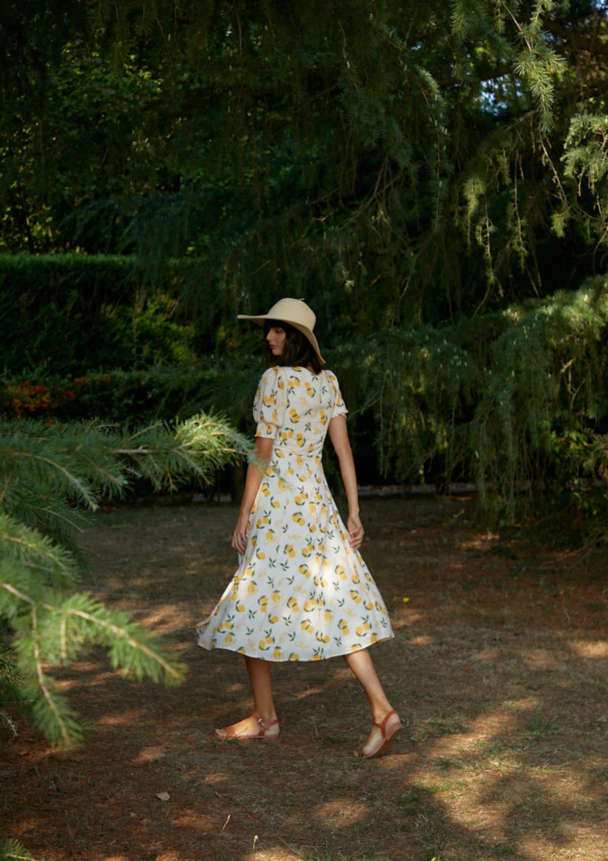 Lemon Print Maxi Dress with Puff Sleeves and Slit - By Quaint