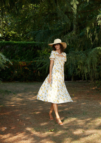 Lemon Print Maxi Dress with Puff Sleeves and Slit - By Quaint