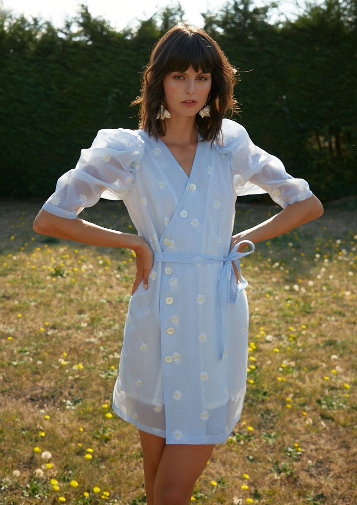 Blue Organza Dress with Small Daisy Pattern, Mutton Leg Sleeves, Tea-Length - By Quaint