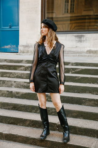 Black Satin Sheer Sleeve V-Neck Dress - By Quaint