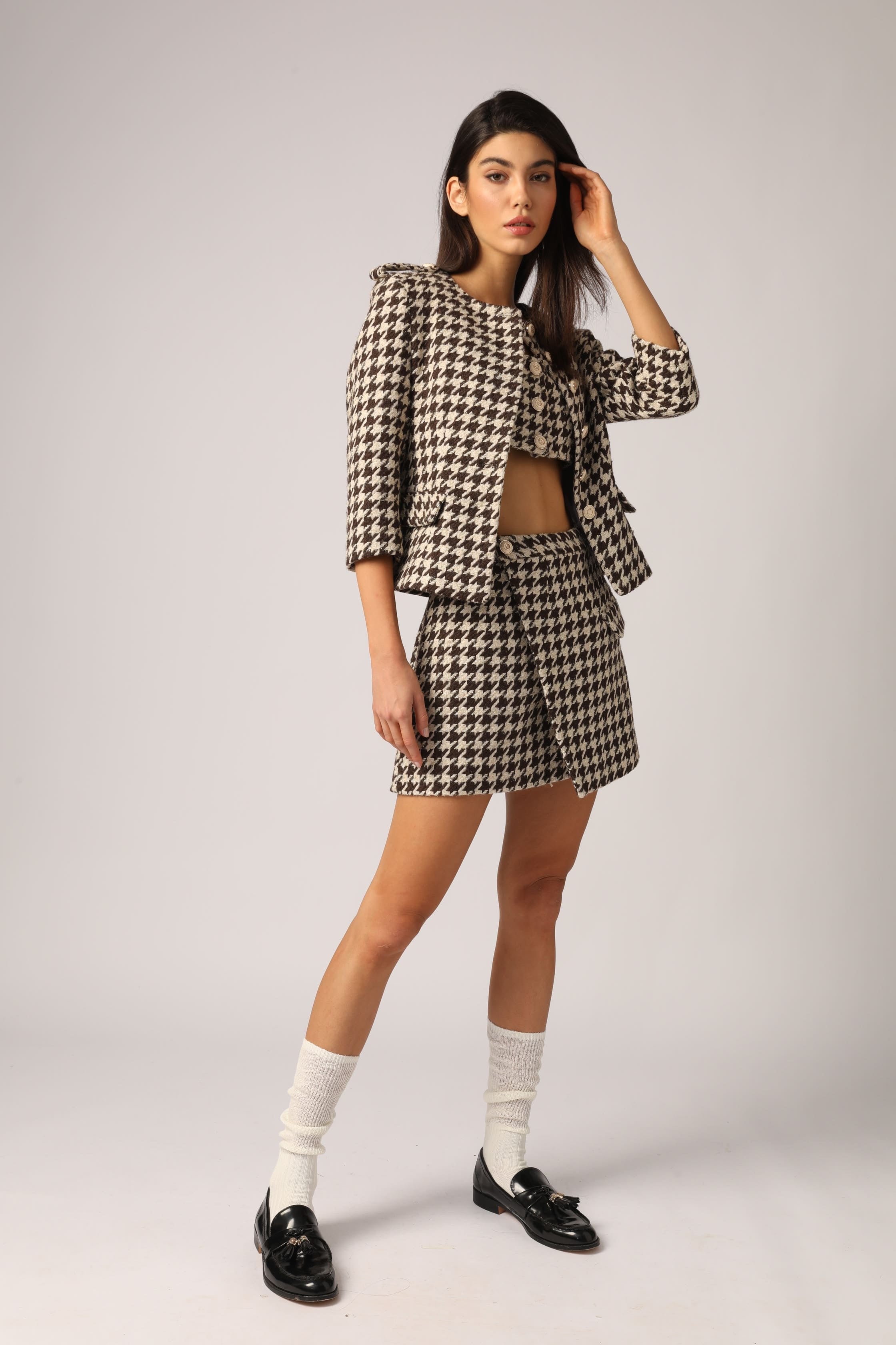Beige Houndstooth Jacket with Epaulets - By Quaint