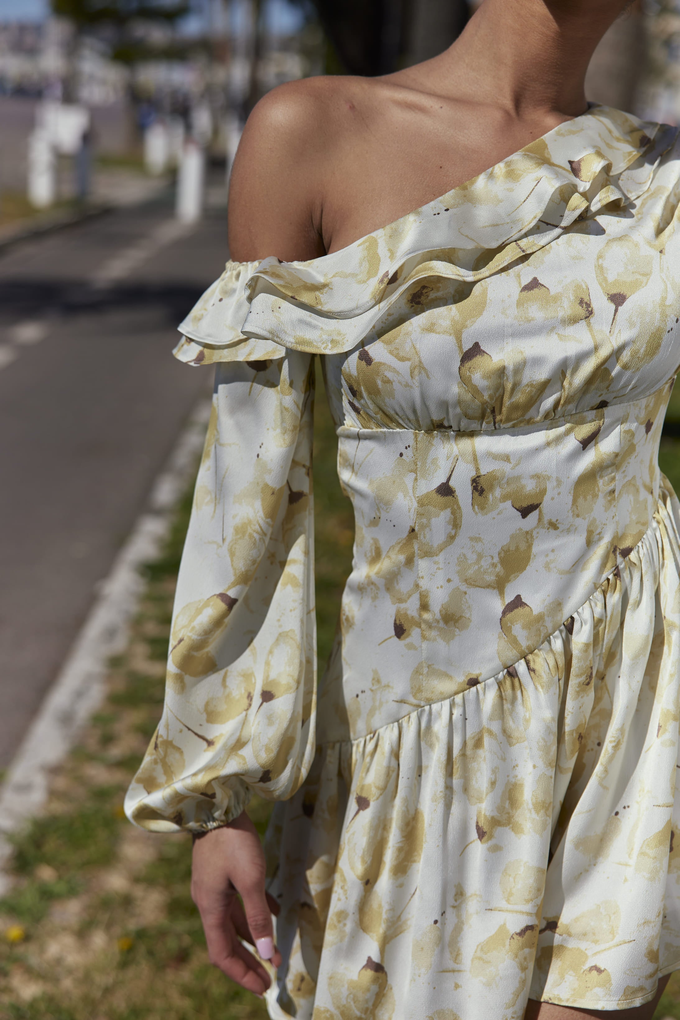 White Base with Yellow Floral Print Ruffled Dress - By Quaint