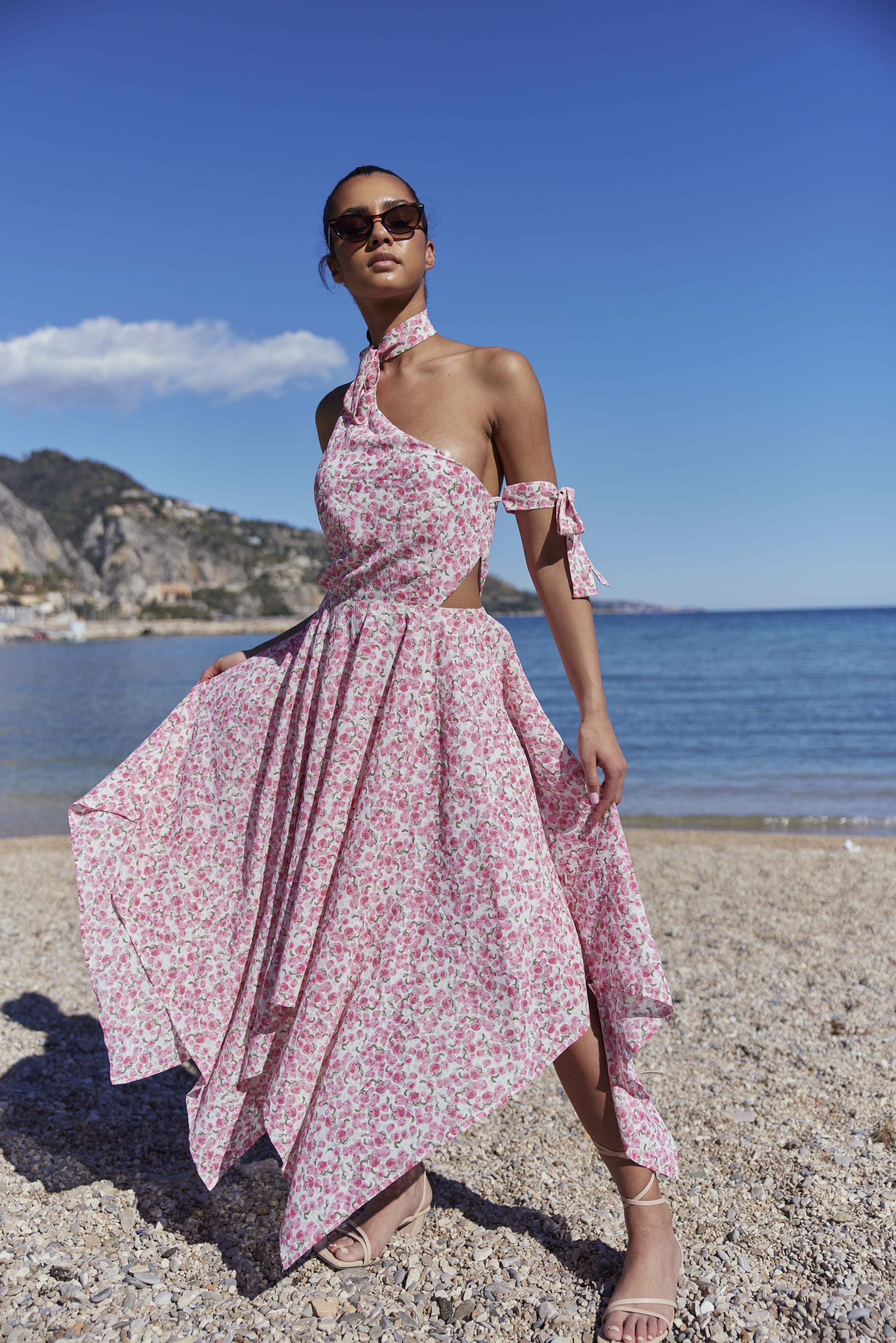 Pink Asymmetric Hem Beach Dress with Halter Neck - By Quaint
