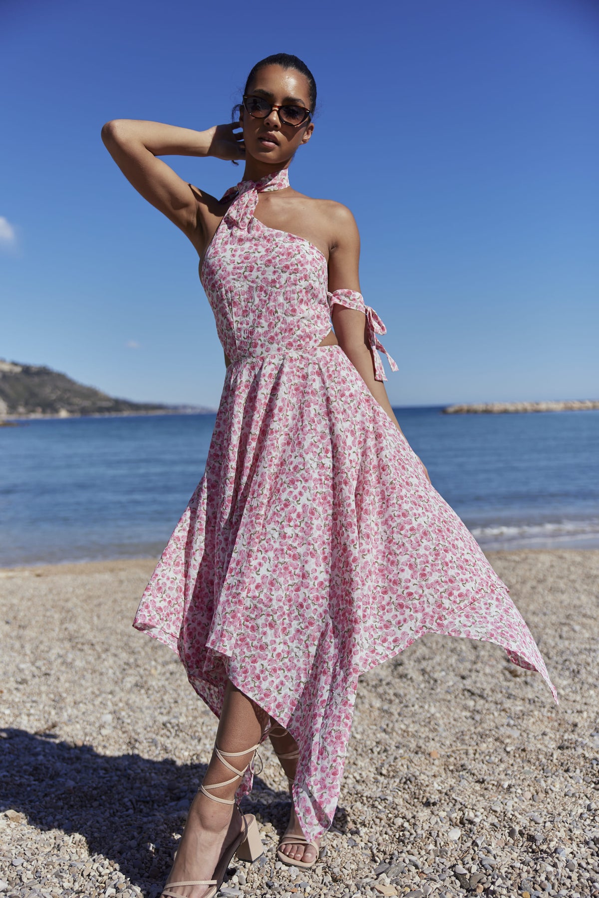 Pink Asymmetric Hem Beach Dress with Halter Neck - By Quaint