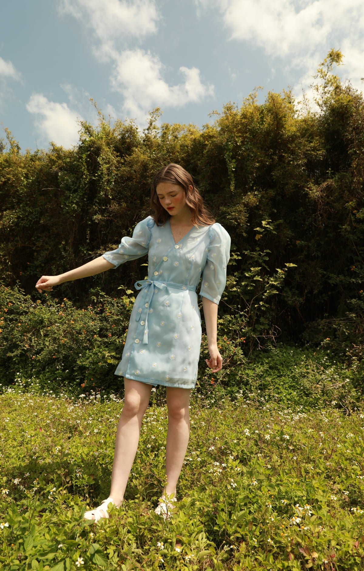 Blue Organza Dress with Small Daisy Pattern, Mutton Leg Sleeves, Tea-Length - By Quaint