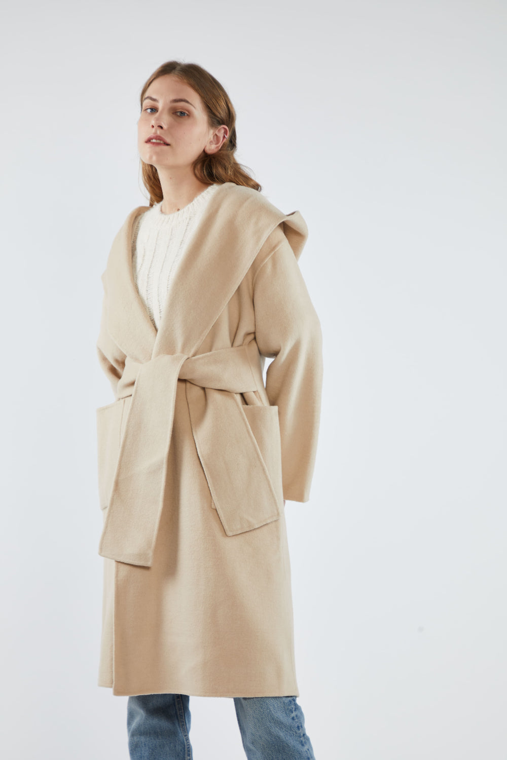 Lara - Hooded Coat with Wide Waist Belt - By Quaint