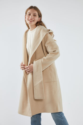 Lara - Hooded Coat with Wide Waist Belt - By Quaint