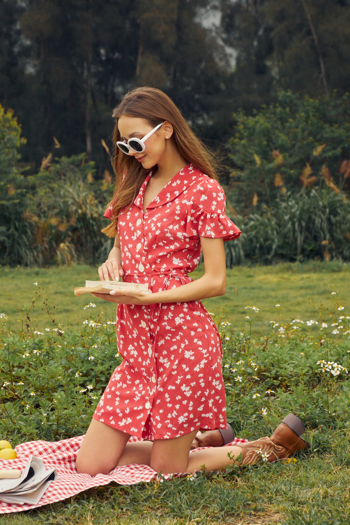 Effie - Red Base Small Floral Print Dress
