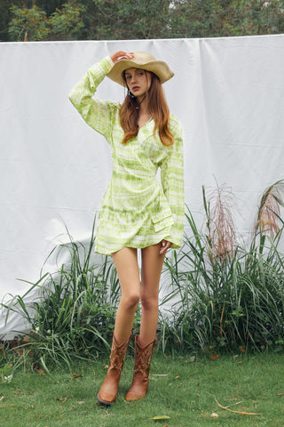 Grass Green Tie-dye Asymmetrical Shirt Dress - By Quaint