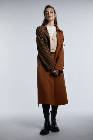 Caramel Brown Wool Coat with Black Plaid Trim - By Quaint