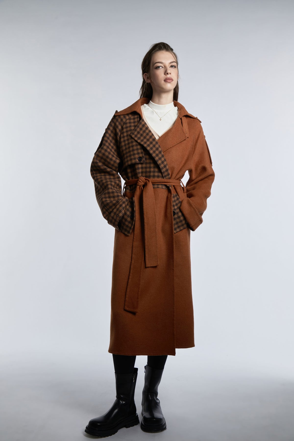 Caramel Brown Wool Coat with Black Plaid Trim - By Quaint