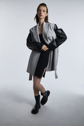 Light Gray Short Coat with Contrast Leather Sleeves - By Quaint