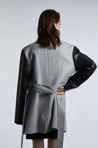 Light Gray Short Coat with Contrast Leather Sleeves - By Quaint