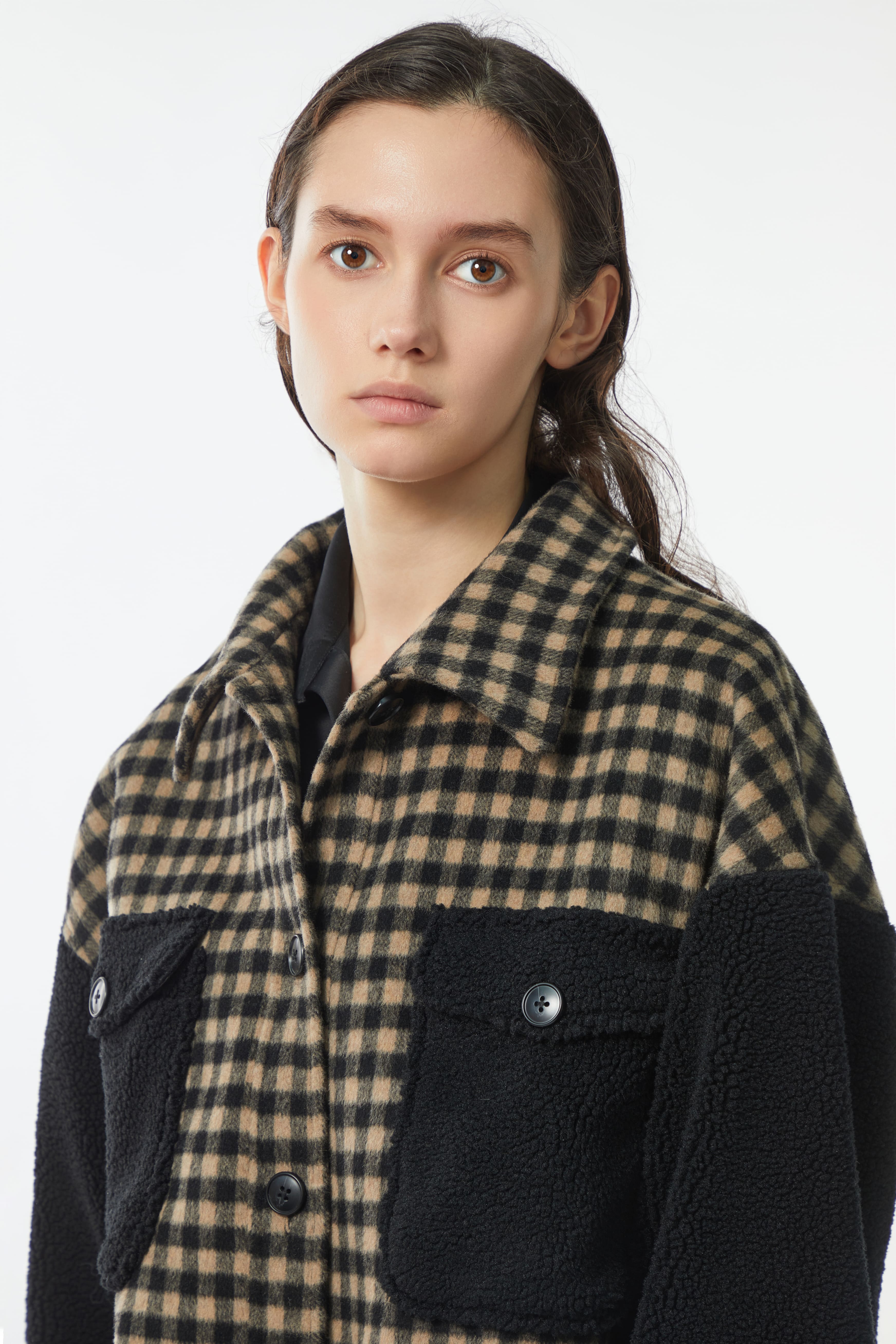 Khaki and Black Checkered Patchwork Flannel Shirt Coat - By Quaint