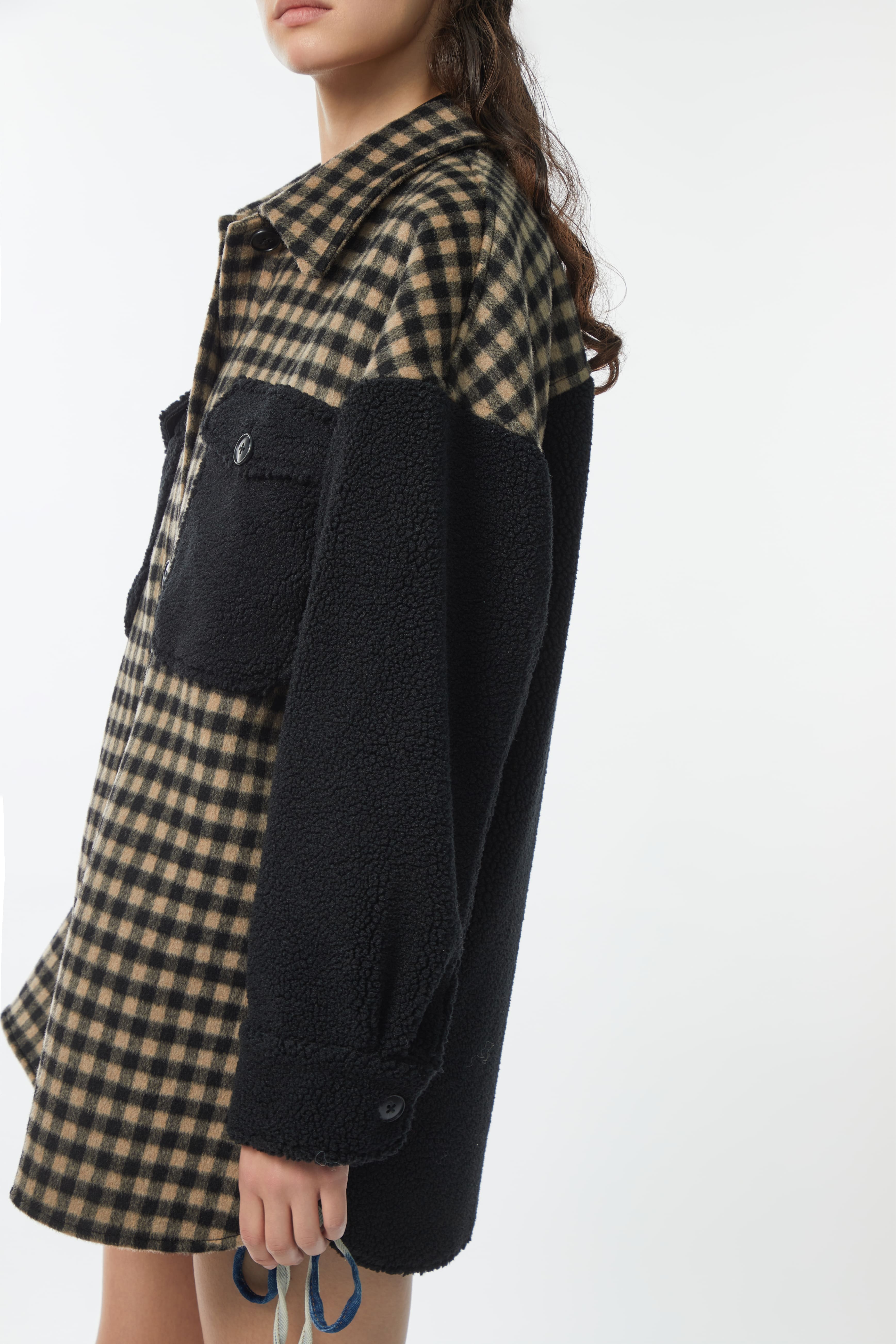 Khaki and Black Checkered Patchwork Flannel Shirt Coat - By Quaint