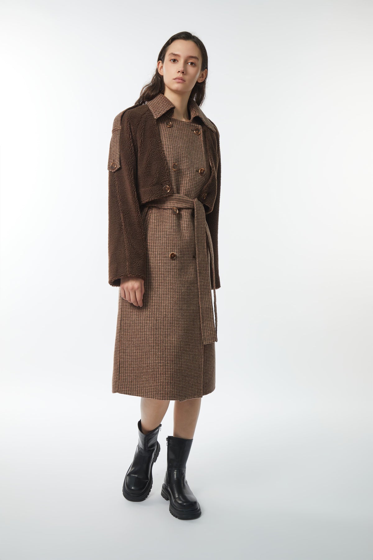 Seaton - Khaki patchwork double-breasted coat - By Quaint