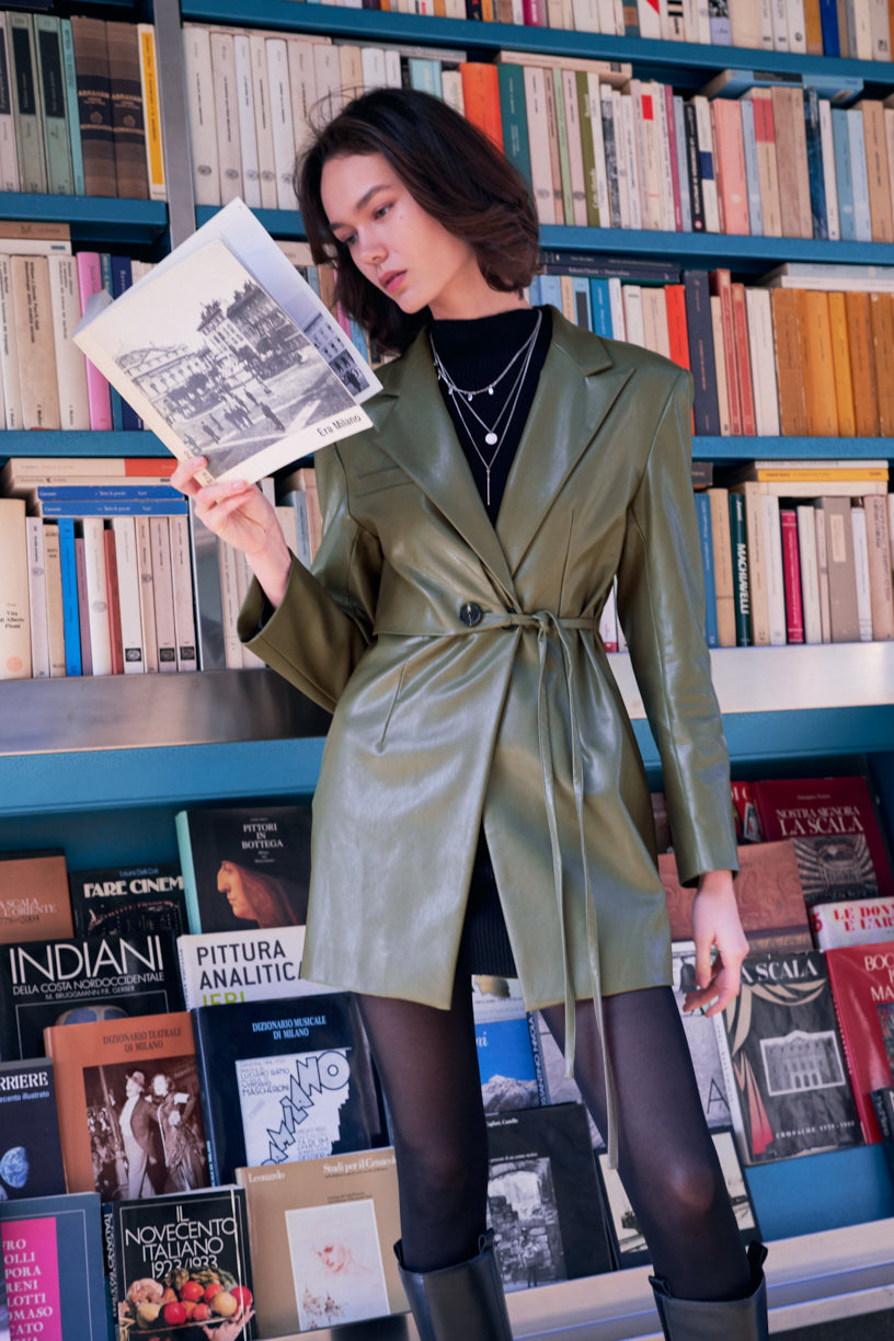 Olive Green Faux Leather Asymmetric Suit Skirt