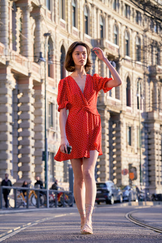 Red V-neck Waist-embellished Puff Sleeve Dress