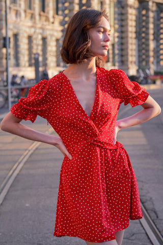 Red V-neck Waist-embellished Puff Sleeve Dress