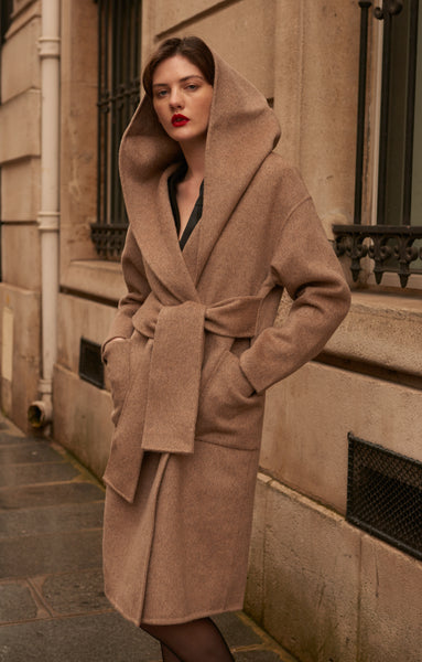Deep Oatmeal Color Hooded Coat with Wide Waist Belt – By Quaint