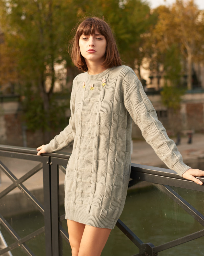 Cora - Gray Floral Sweater Dress