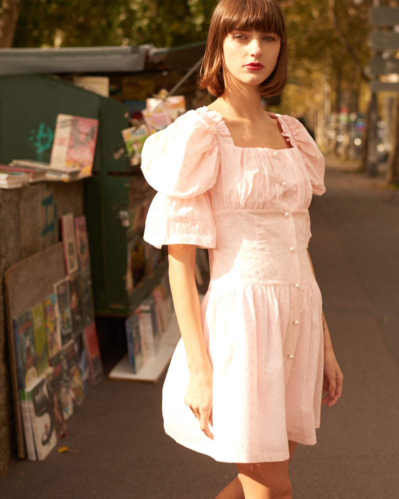 Bubble Sleeve Hollow Cotton Dress - By Quaint