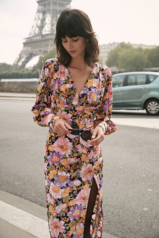 Black Printed V-Neck Midi Dress with Thigh-High Slit - By Quaint