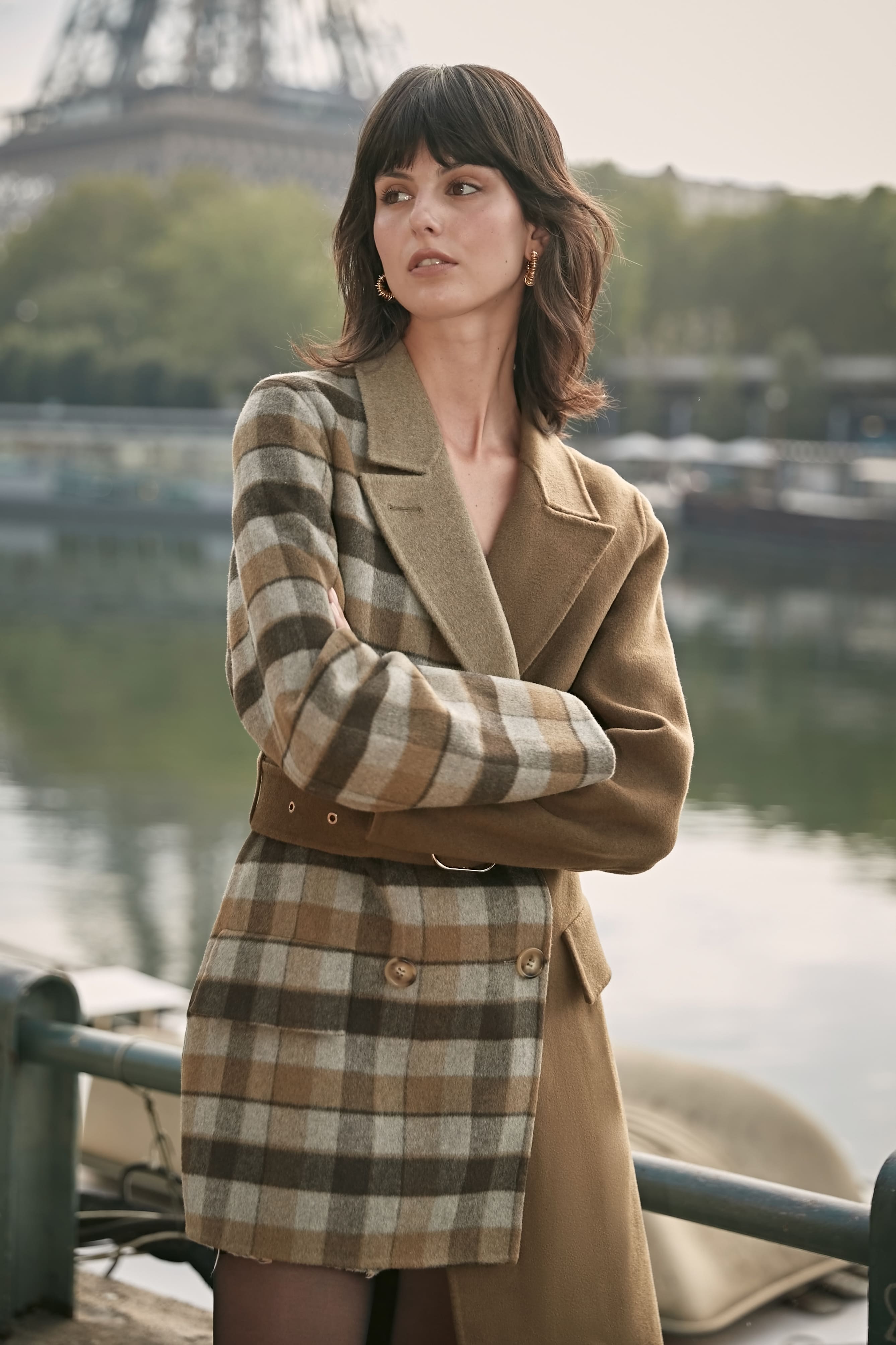 Olive Green Plaid Patchwork Asymmetrical Tailored Coat - By Quaint