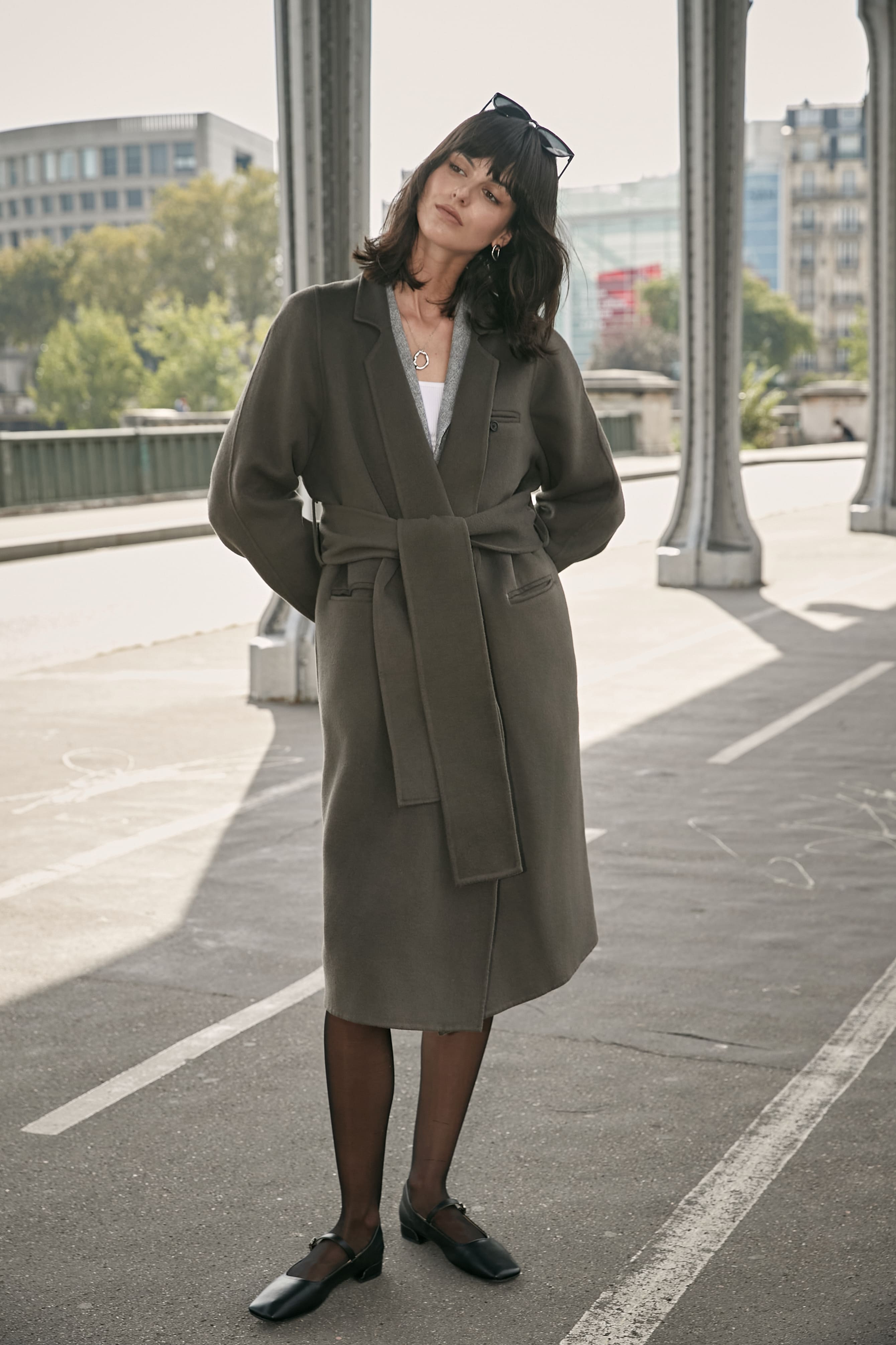Deep Grey Coat with Pocket Accents and Wide Belt - By Quaint