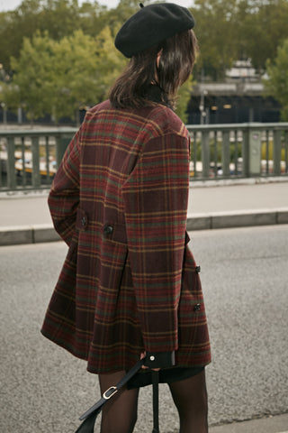 Red Plaid Patchwork Collar Double-Breasted Short Coat with Lining - By Quaint