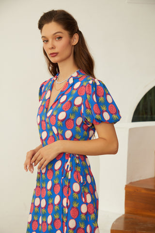 Alice - Dragon Fruit Pattern Bubble Sleeve Dress - By Quaint