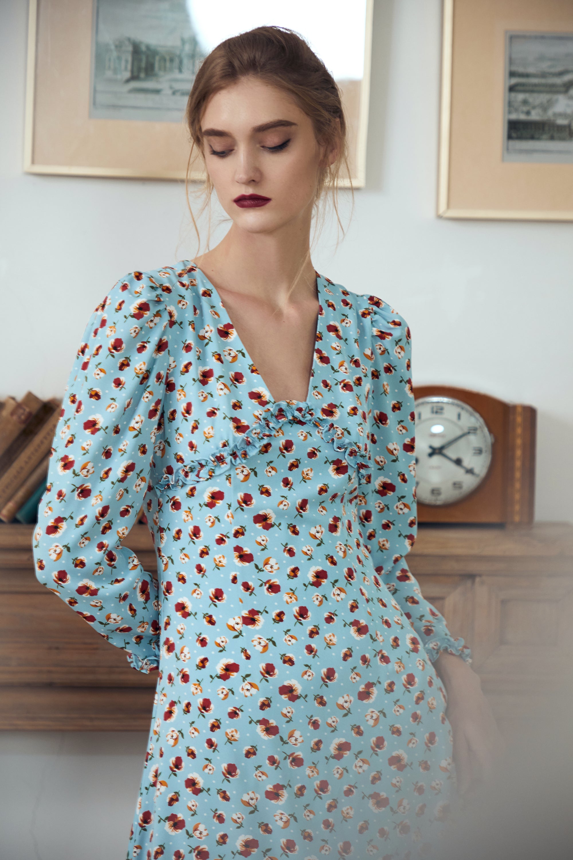 Burgundy Floral V-Neck Long Sleeve Dress By Quaint Burgundy Floral V-Neck Long Sleeve Dress By Quaint