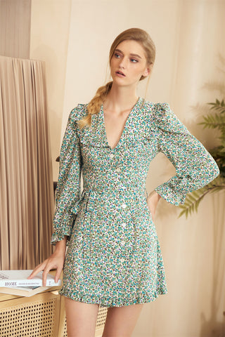 Peter Pan Neck Floral Babydoll Long Sleeve Dress - By Quaint