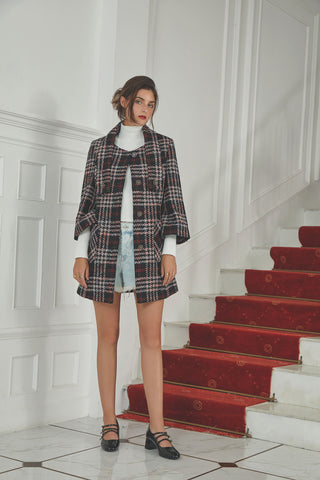 Black Plaid Wool Coat with Crisscross Collar and Single-Breasted Button Closure - By Quaint