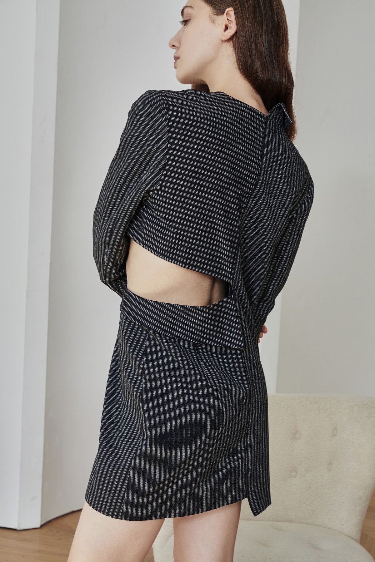 Black Base White Pinstripe Asymmetrical Blazer Dress - By Quaint