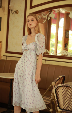 Small Floral Dress with Chest Belt, Knee-length - By Quaint