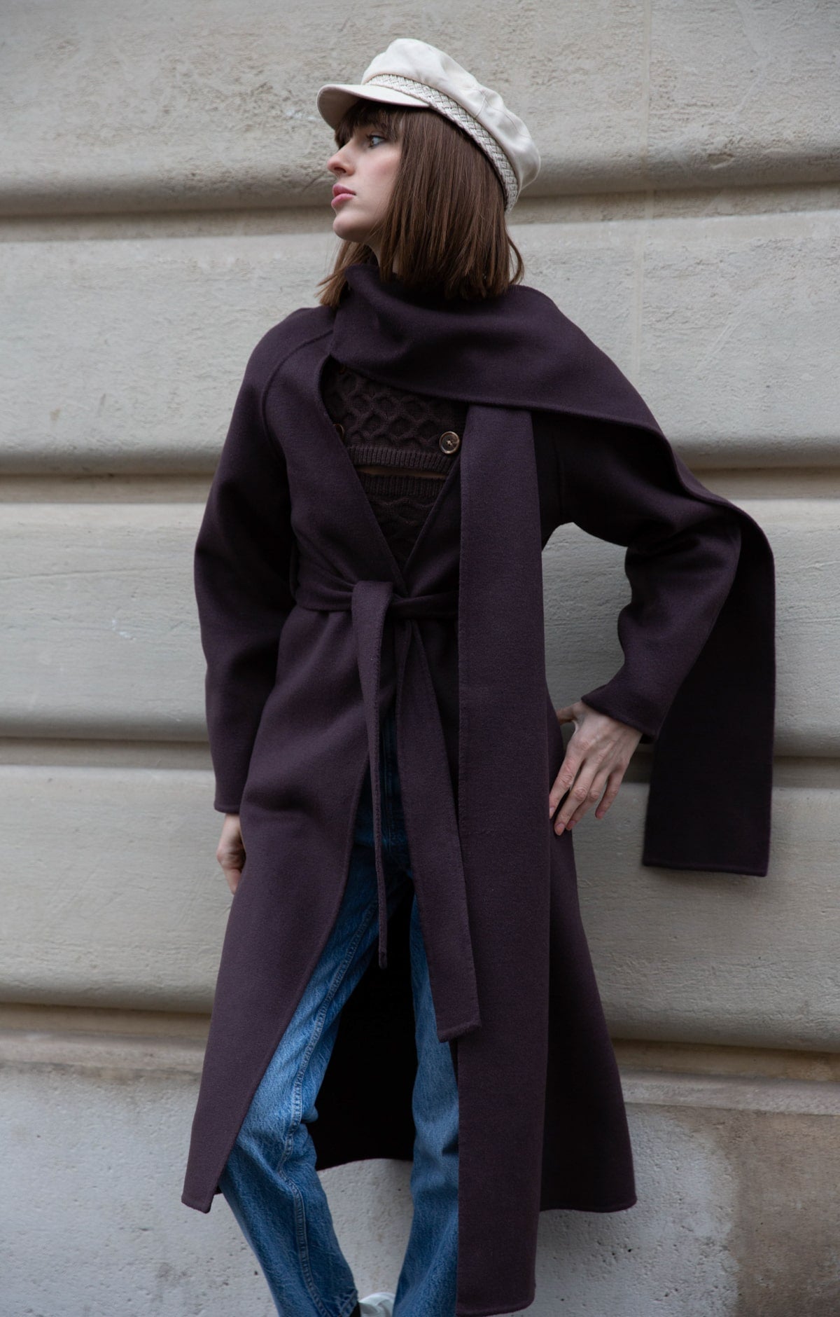 Coffee Belted Coat with Draped Detail - ByQuaint