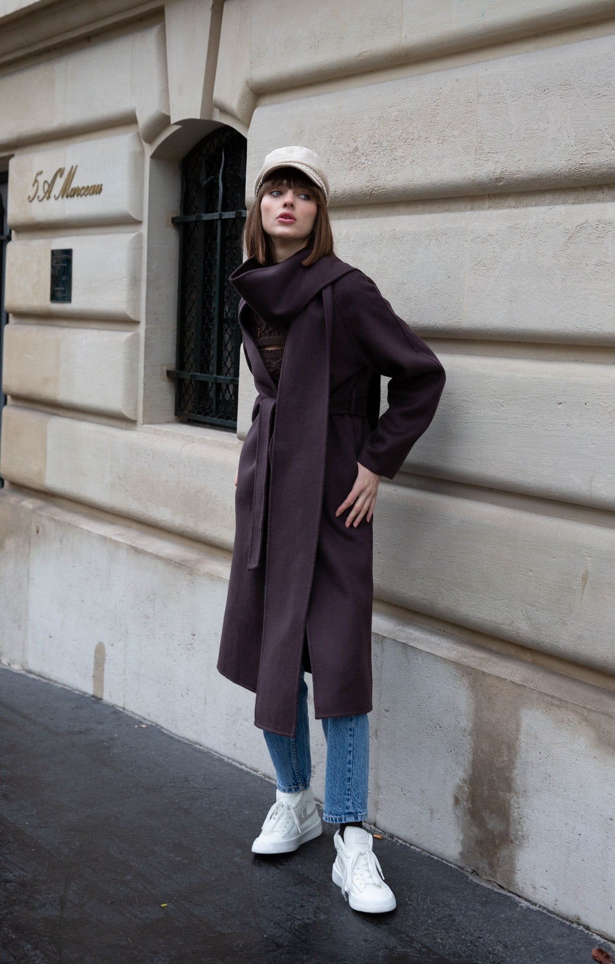 Coffee Belted Coat with Draped Detail - ByQuaint