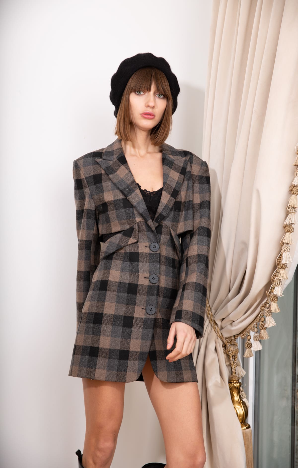 Black Coffee Plaid Open Back Single-Breasted Suit Dress - By Quaint