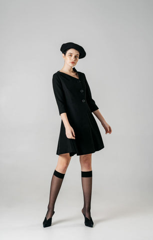 Black Asymmetrical Suit Collar Short Sleeve Dress - By Quaint