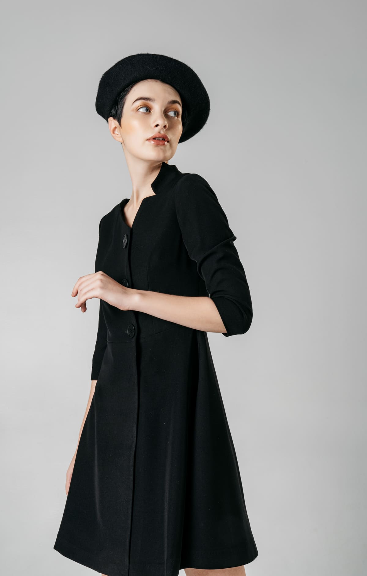 Black Asymmetrical Suit Collar Short Sleeve Dress - By Quaint