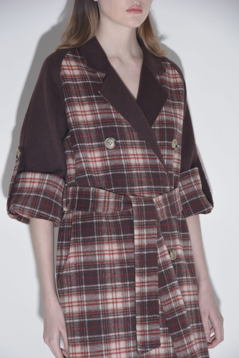 Red Plaid Coat with Coffee Color Sleeves and Patchwork - By Quaint
