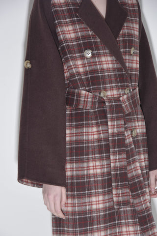 Red Plaid Coat with Coffee Color Sleeves and Patchwork - By Quaint