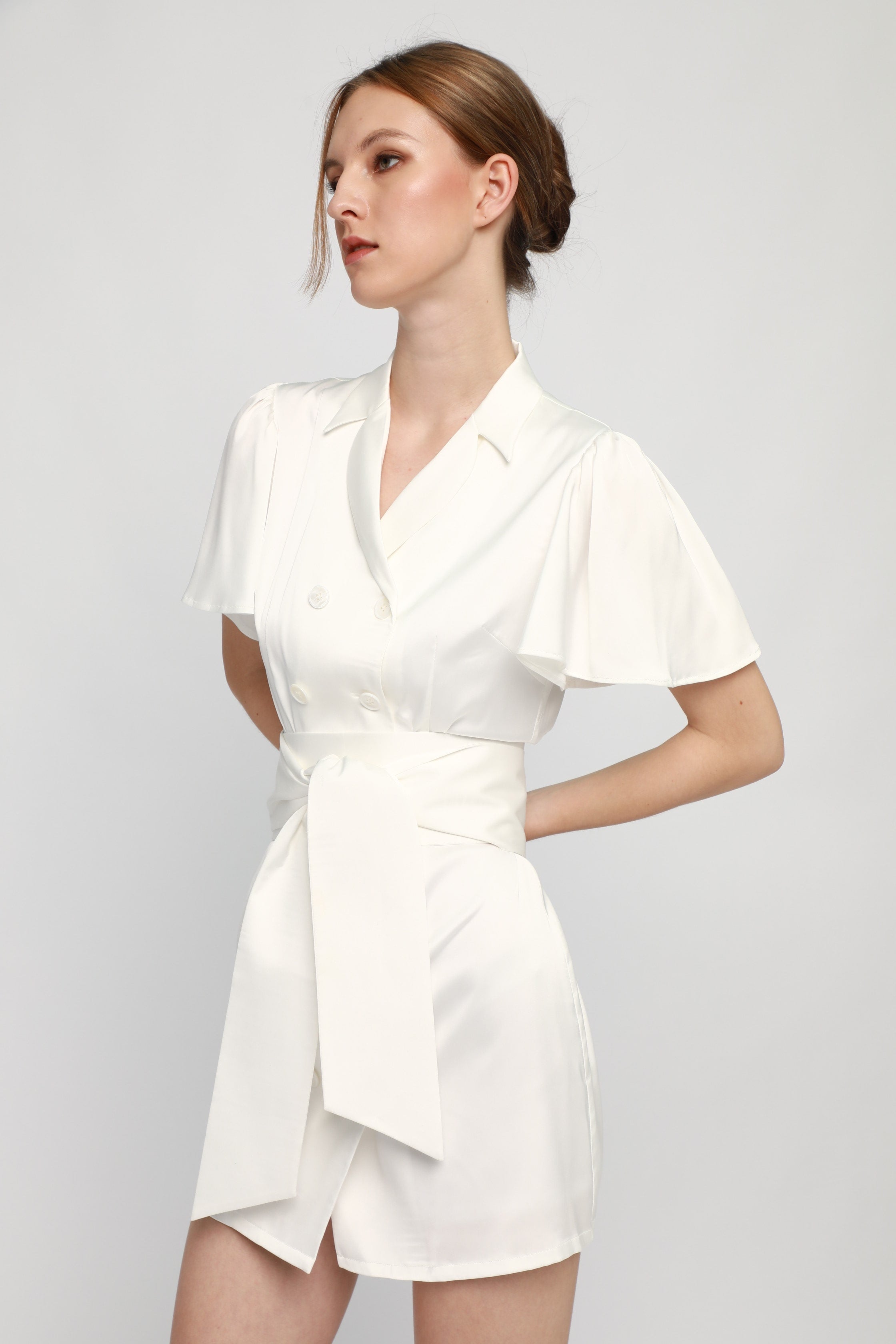 White Satin Short-sleeved Dress with Waist Belt - ByQuaint