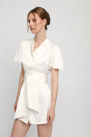 White Satin Short-sleeved Dress with Waist Belt - ByQuaint