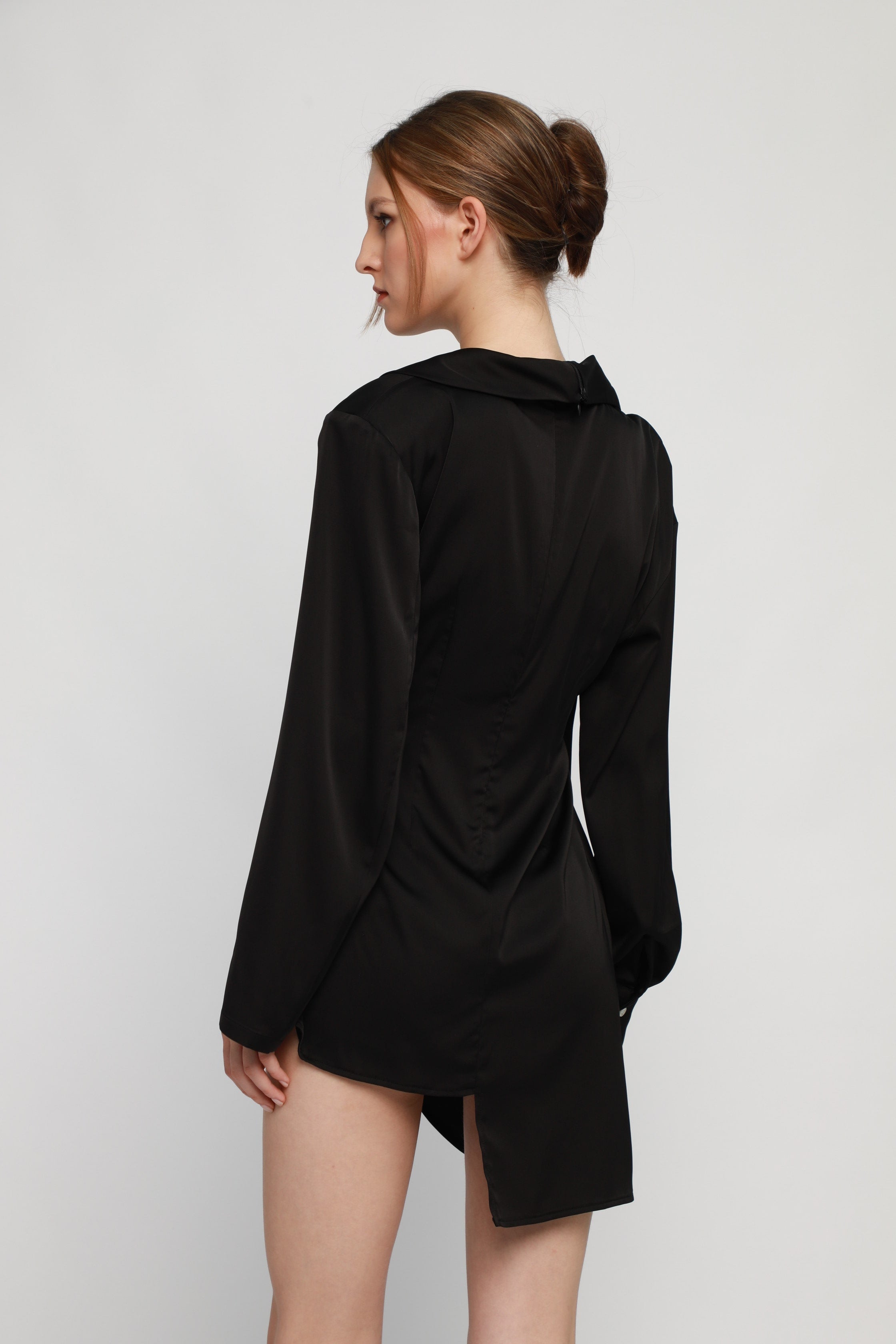 Black Satin Asymmetrical Shirt with Contrast Panel Detail and Suit Skirt - ByQuaint